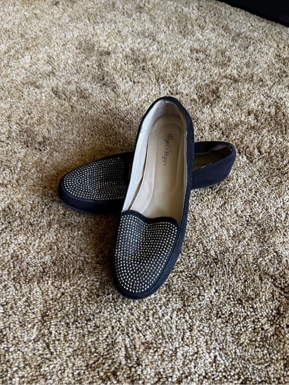 Black + silver suede Angel Steps loafers with rhinestone detailing